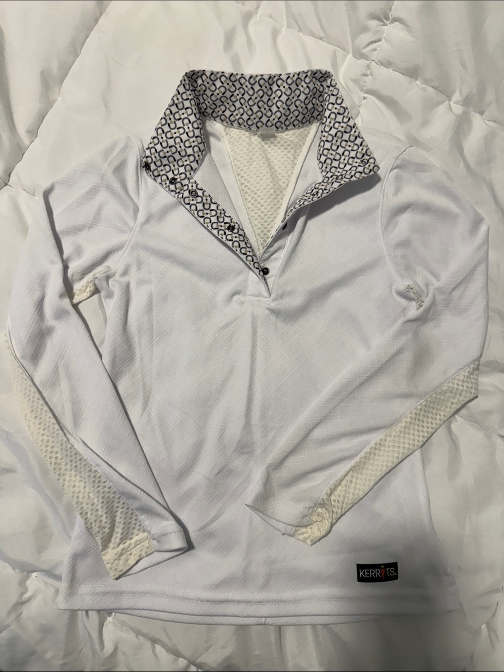 Kerrits White Long-Sleeve Cowl Pullover with Patterned Collar